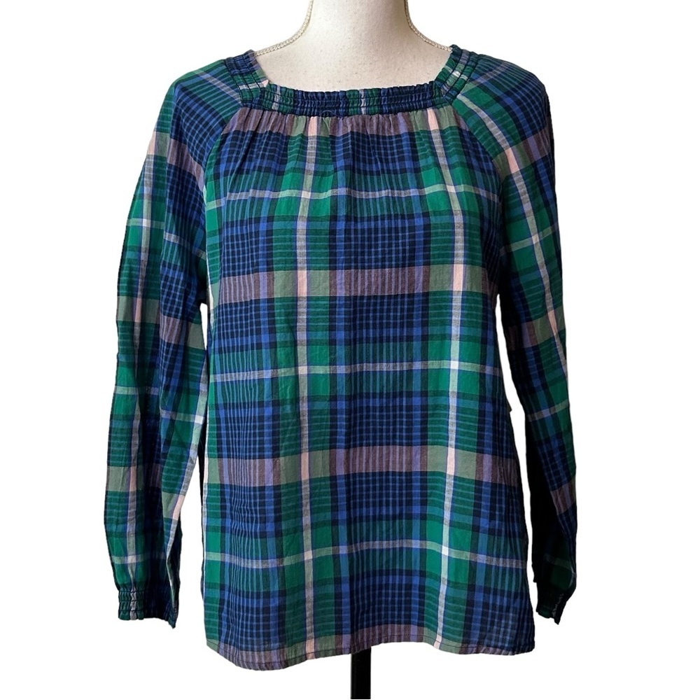 Old Navy Plaid‎ Square Neck Smocked Soft Washed Cotton Top SZ XS Blue Green NEW